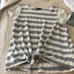 Cream and grey striped tie front tee